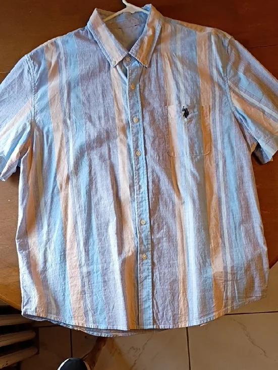Men's Short Sleeve Button-Up Shirt - Light Blue/White Striped - Picture 1 of 6